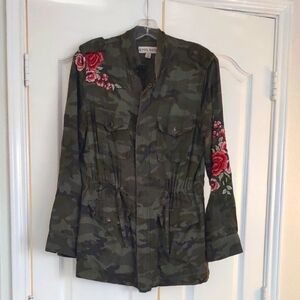 Women's Camouflage Jacket with Red Floral Embroidery